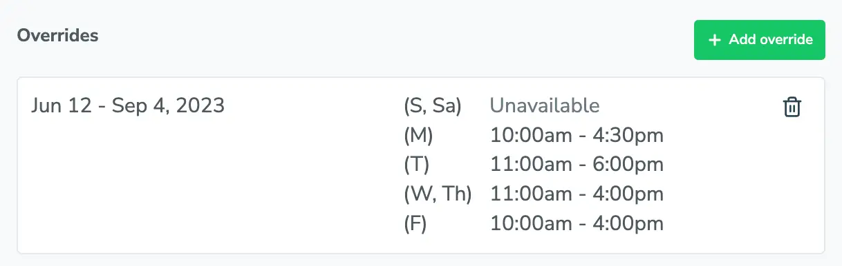 Apptoto interface with saved availability overrides shifting schedule for seasonality