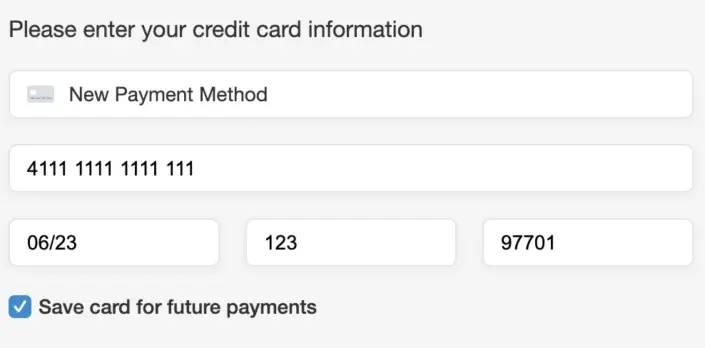 Booking form displaying fields for credit card information with option to "save card for future payments" 