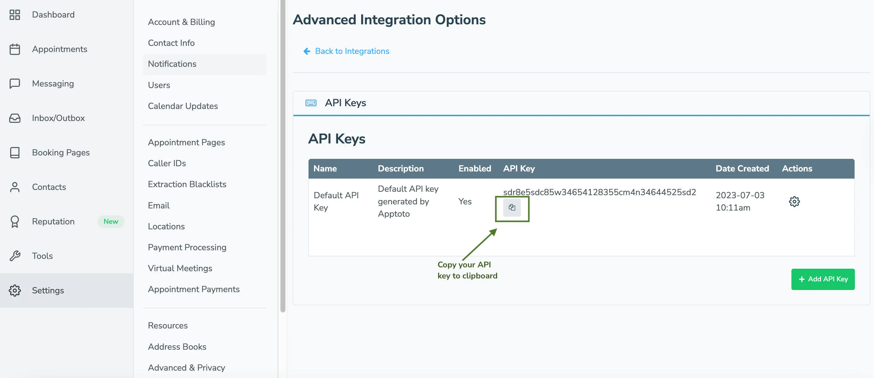 On the integrations tab, find advanced integrations and open your API key to copy it