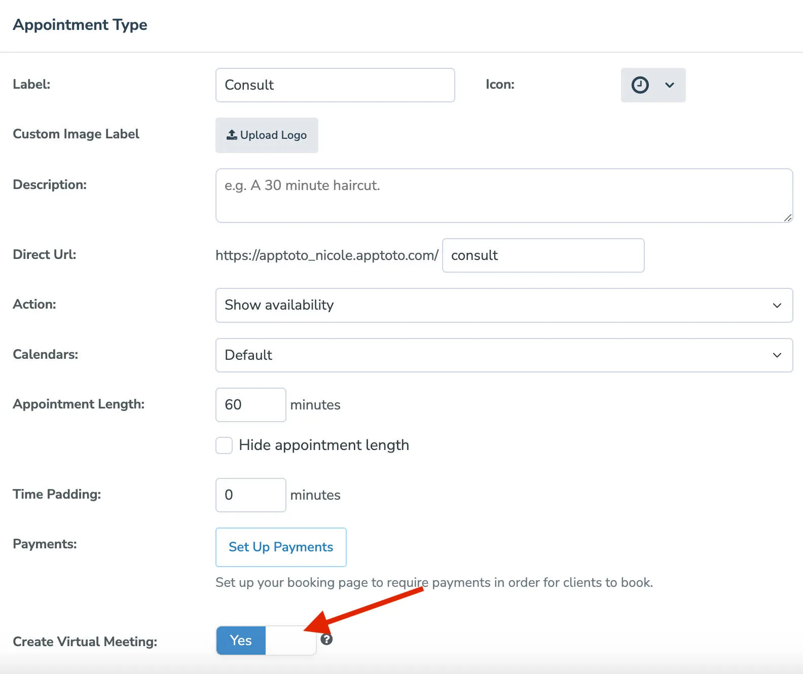 Enable virtual meetings per appointment type
