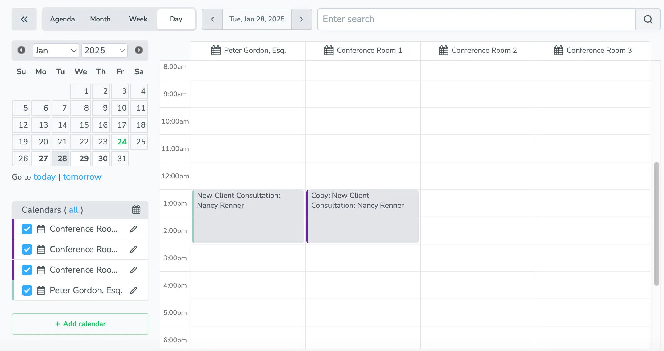Calendar for a law firm showing the attorney's calendar and conference room calendar booked